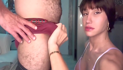 Busty shemale with natural boobs fucked the guy hard