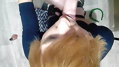 Red-haired shemale and a guy get deepthroat and bareback