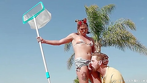 Busty blonde with a tattooed pussy gets fucked in the pool