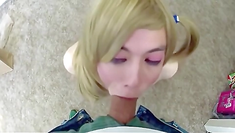 Blonde shemale with deep throat gets penetrated in POV