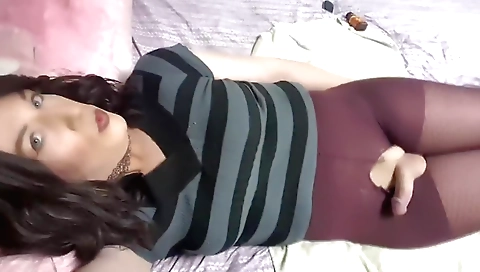 Amateur shemale 18+ masturbates with dildo in the bedroom