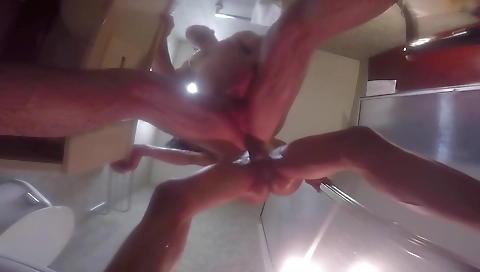 Blonde shemale and her husband get banged in the shower