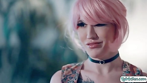 Red head transsexual girl with big natural tits sucks and rides